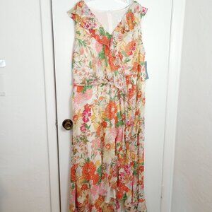 London Times Tropical Floral Chiffon Ruffle Maxi Dress